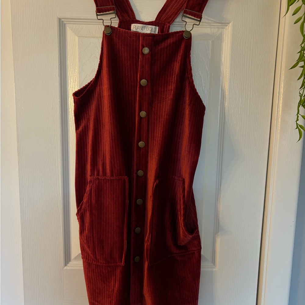 Red Corduroy Button-Down Overall Dress